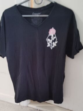 Empyre Black V-Neck Tee with Pink Rose Embroidery